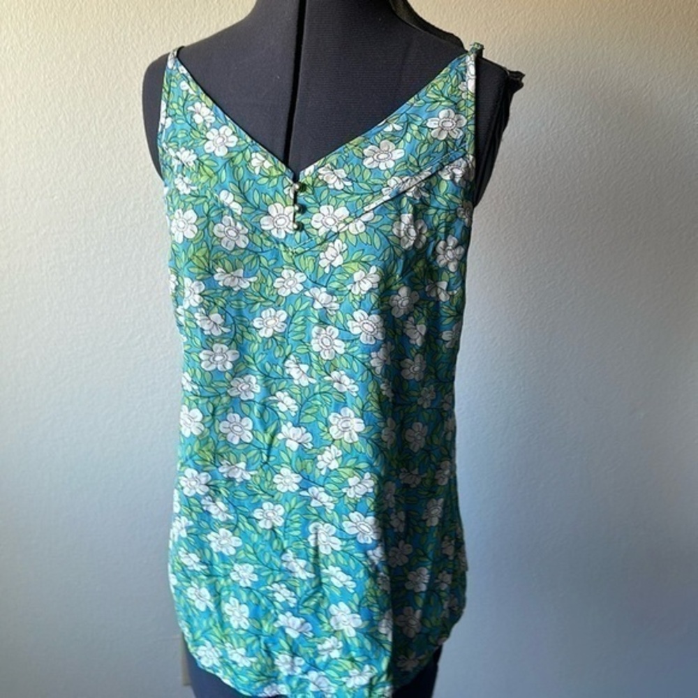 CAbi top adjustable shoulders size small, aqua green floral rayon